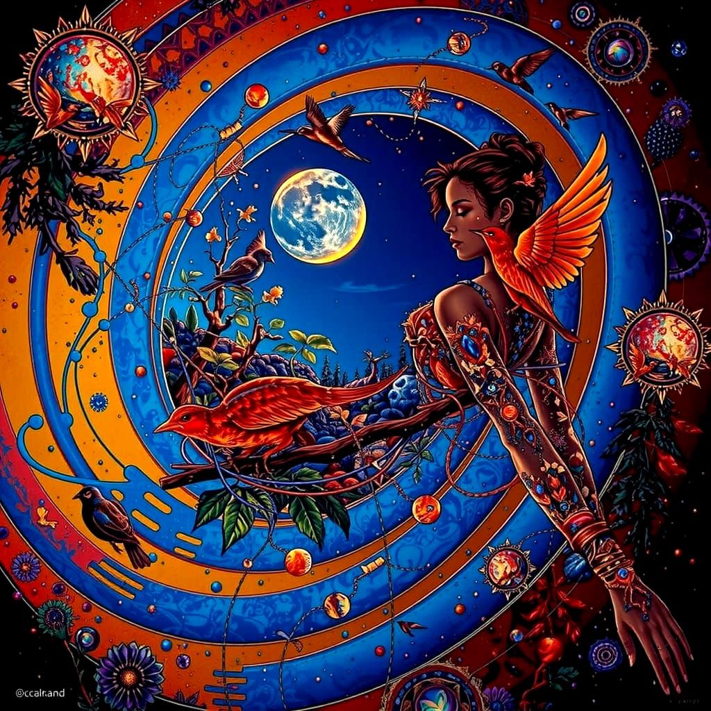 Ethereal Woman Carrying Birds in Nature's Embrace