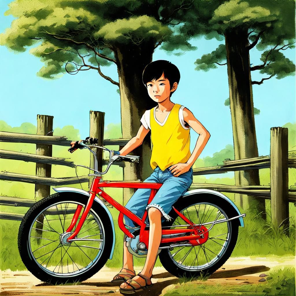 Boy on 1970s Bicycle in Grassy Field