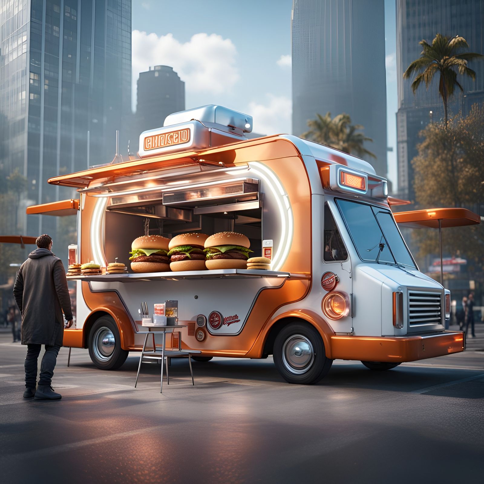 Futuristic Food Truck Serving Robots in Matte Painting