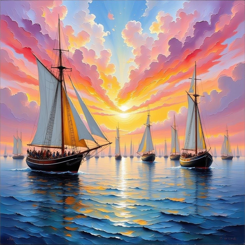 Vibrant Seascape with Sailing Boats in Romantic Maritime Sty...
