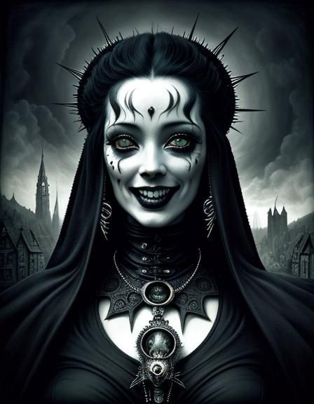 Surreal Gothic Woman Laughing in Village Landscape