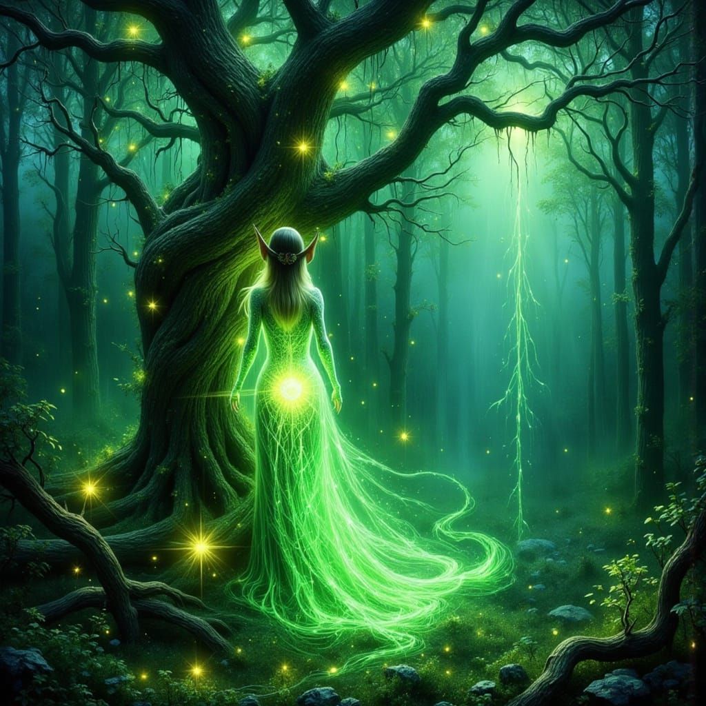 Ethereal Elf in Mystical Forest, Impasto Painting