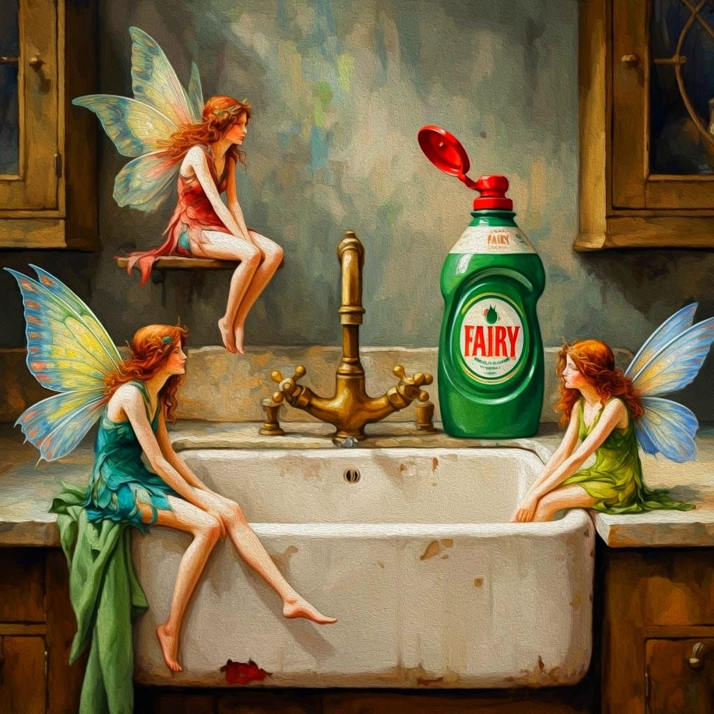 Whimsical Fairies in an Old-Fashioned Kitchen Scene
