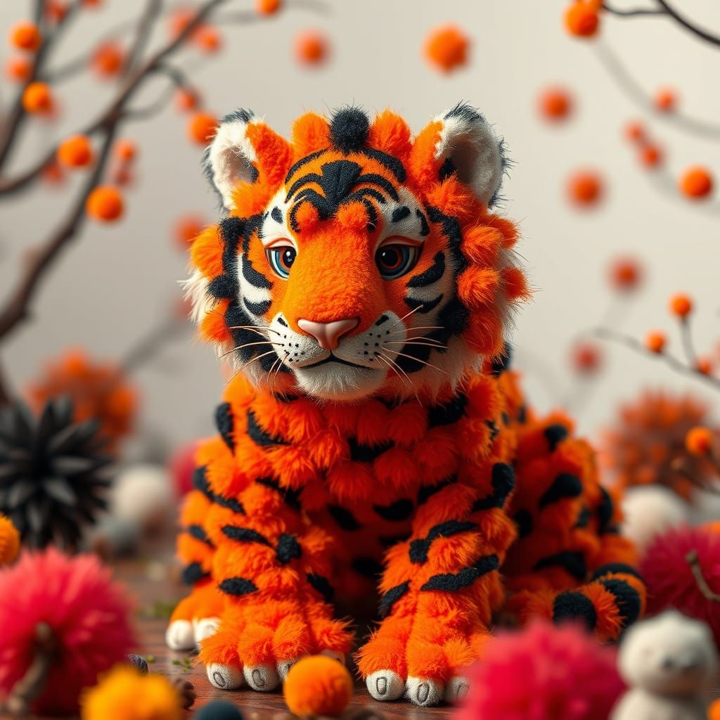 Fluffy Pom Pom Tiger in Detailed Matte Painting Style