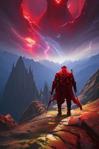 Heroic Figure Confronts Evil on Mountain