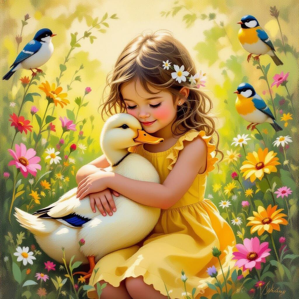 Girl Hugging Duck in Whimsical Oil Painting Style