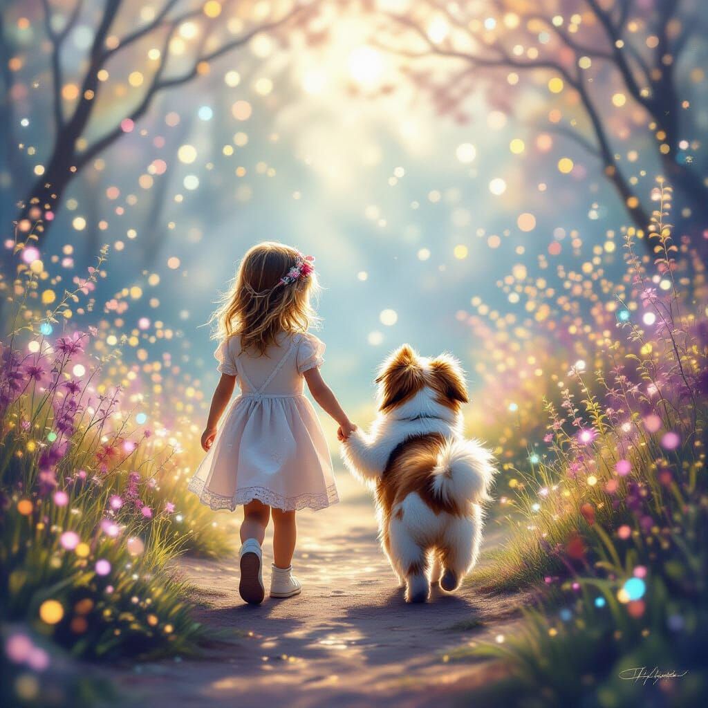 Girl and Dog in Sparkling Fantasy Landscape
