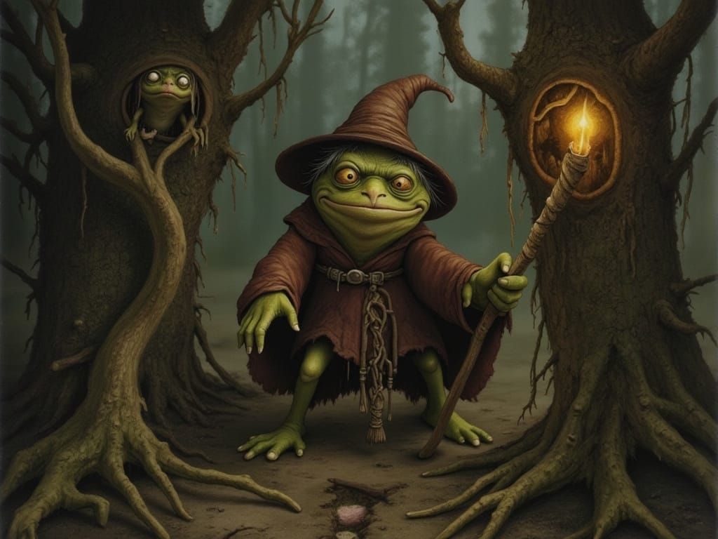 Wise Frog Wizard in Dark Forest with Goblins