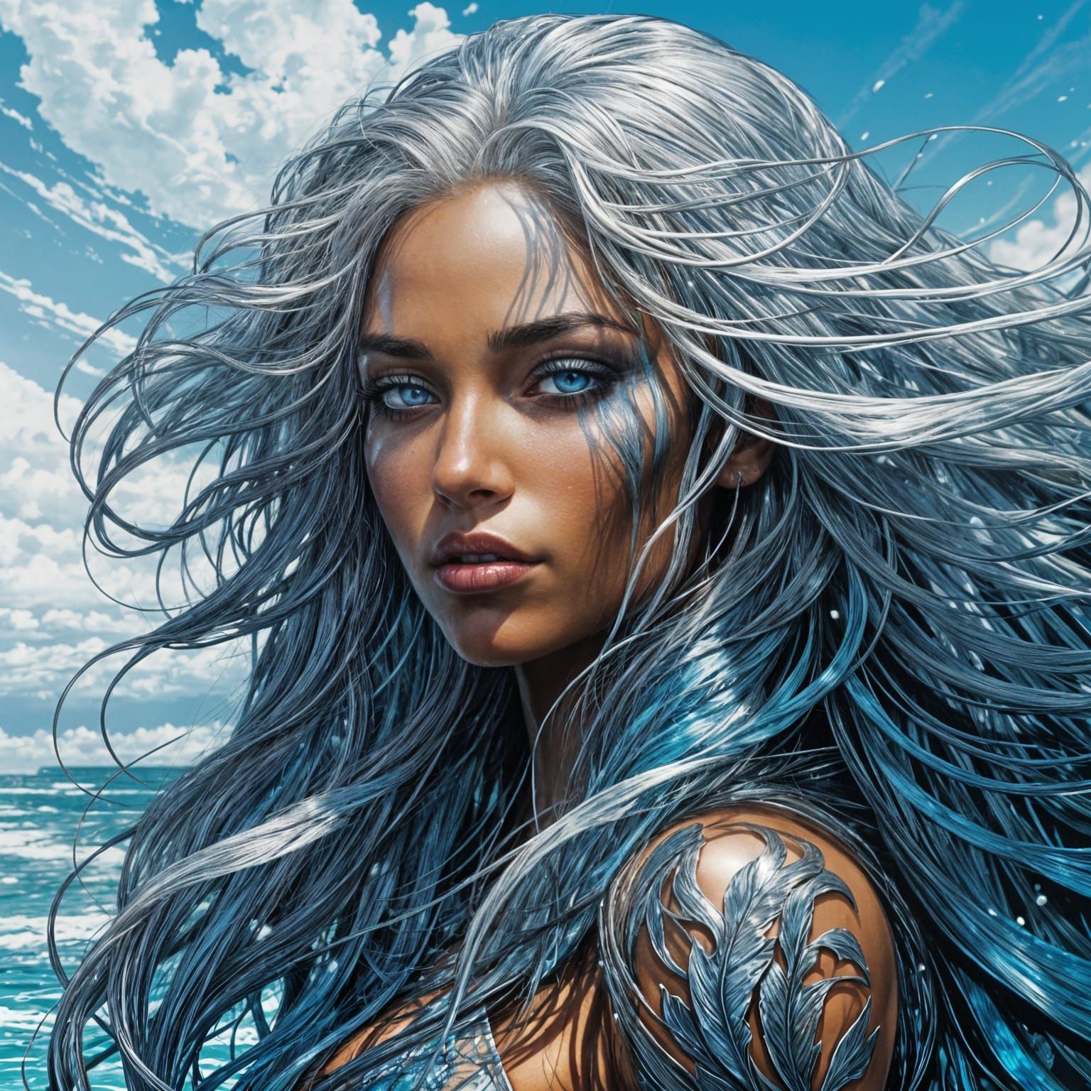 Silver-Haired Woman in Water, Digital Art