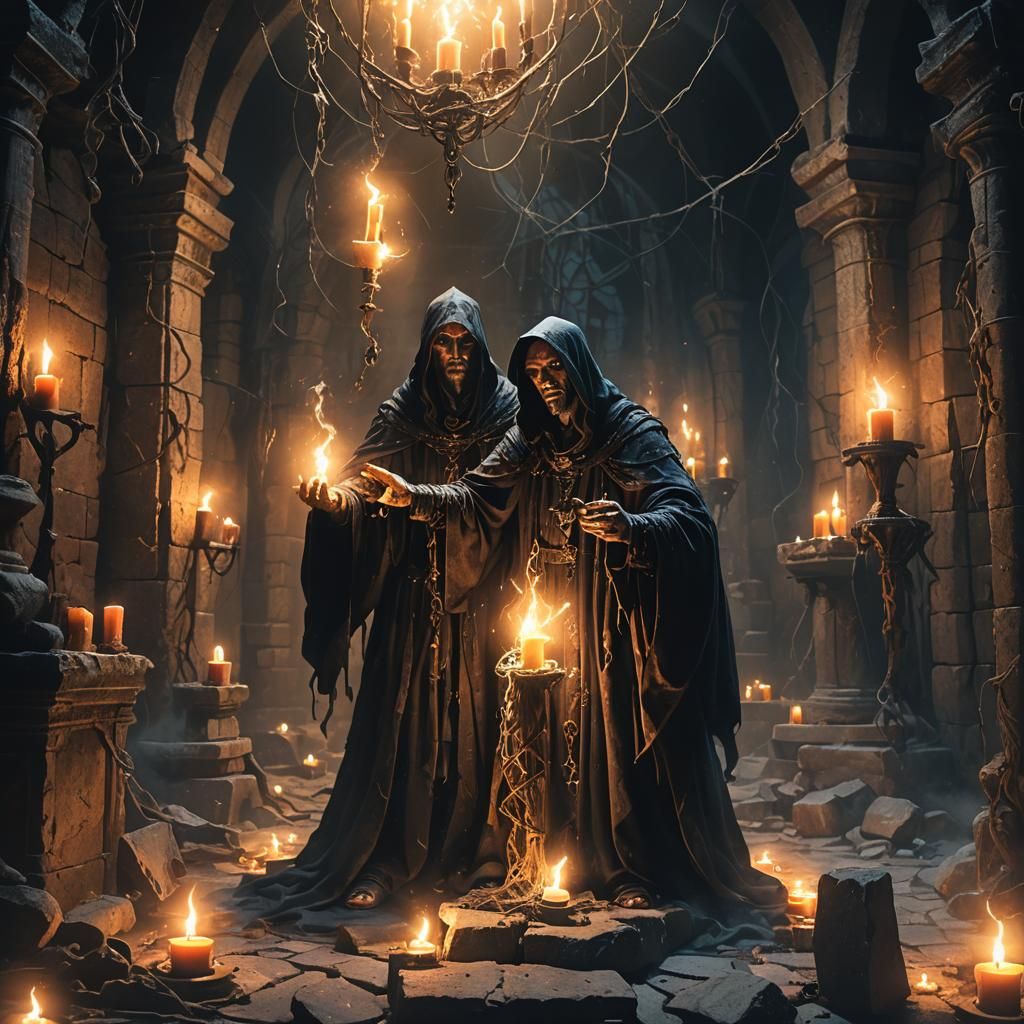 Sinister Sorcerer Conjuring Magic in Dark Chamber