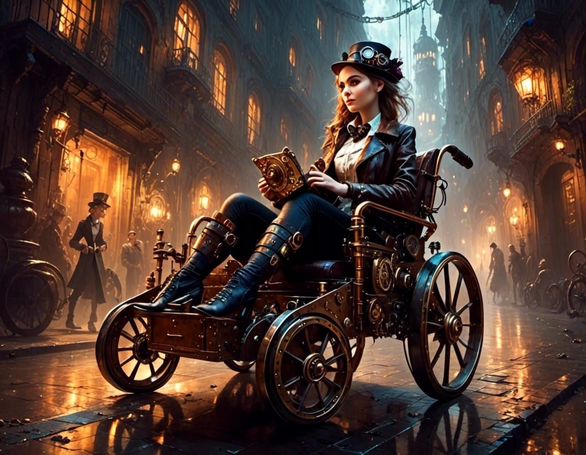steampunk wheelchair in a dark alley