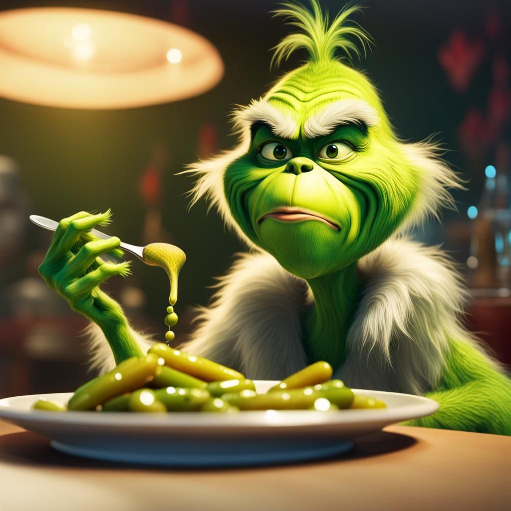 Hyperrealistic Grinch Eating Pickles in Splash Art Style