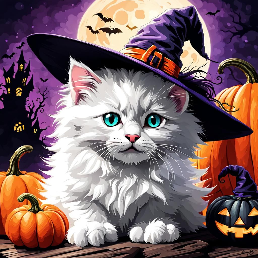 Adorable Kitten in Witch Hat, Pop Art Style