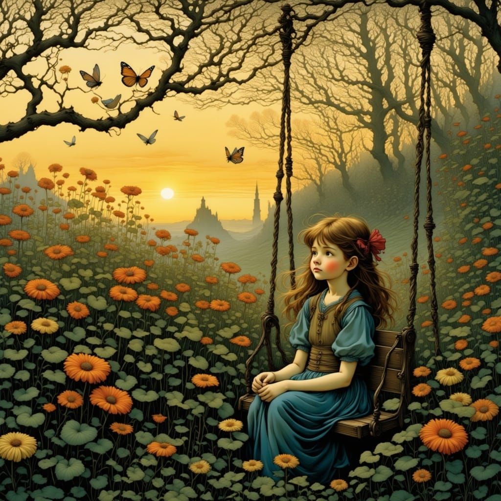 Dreaming Girl in Evening Garden with Butterflies and Birds