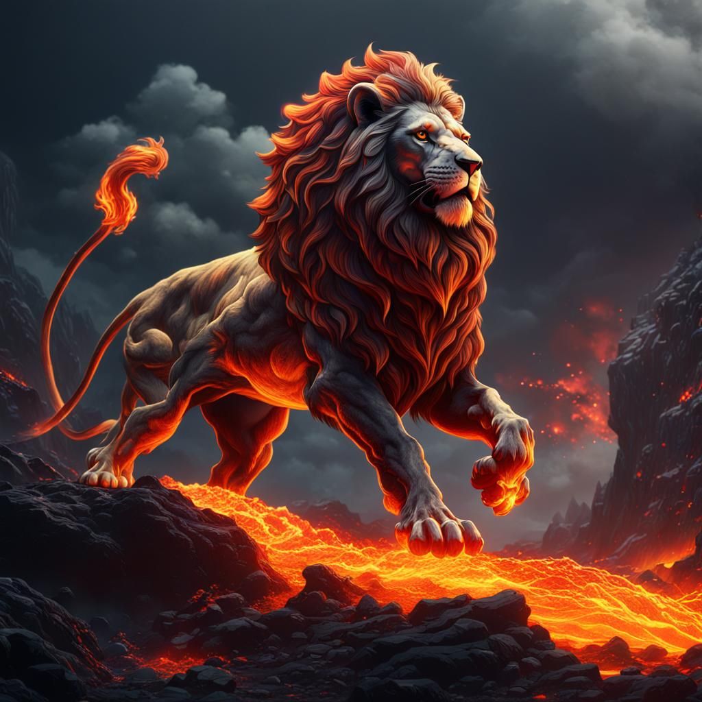 Lion Rides Lava River: Fantasy Concept Art