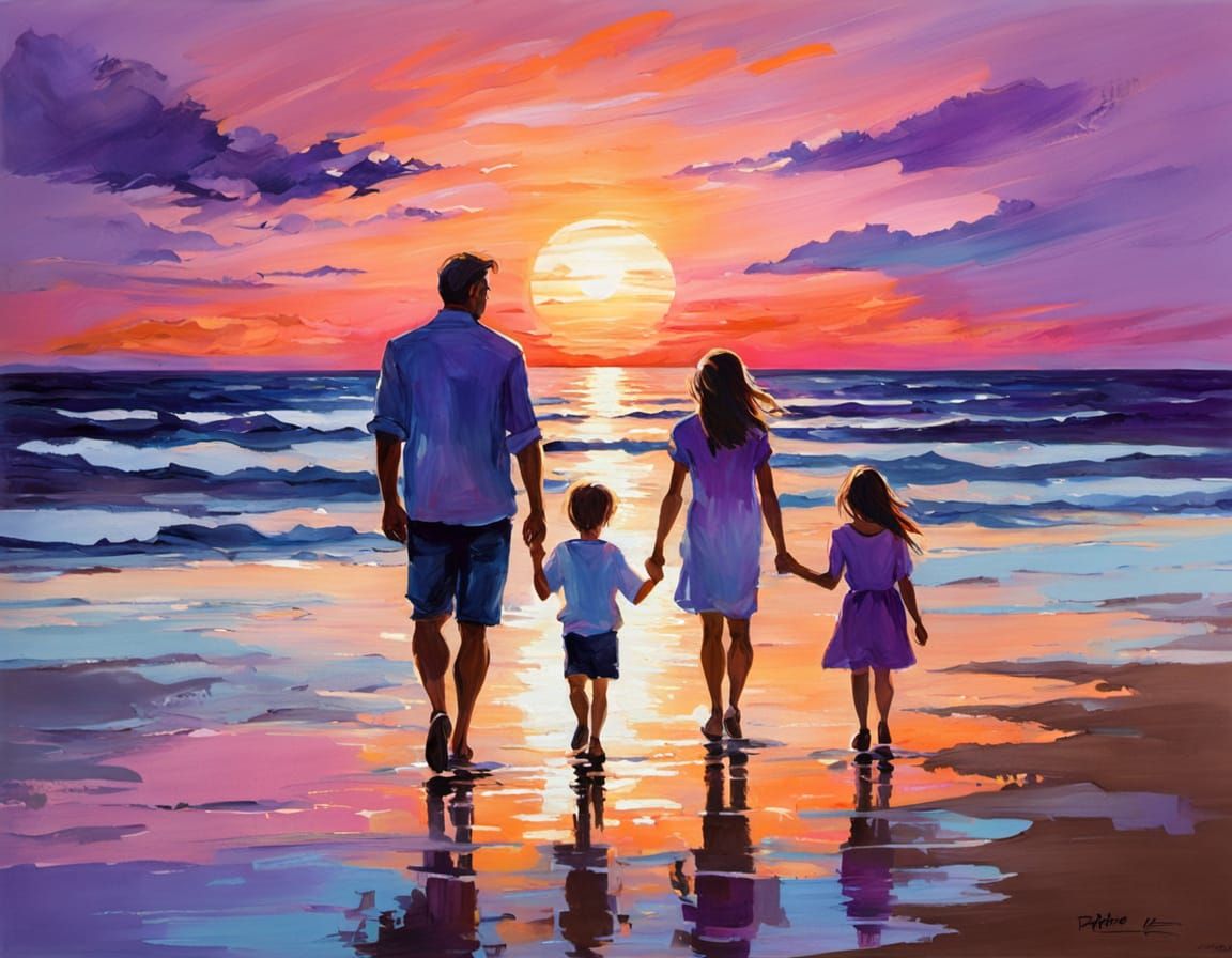Family Beach Walk at Sunset in Impasto Style