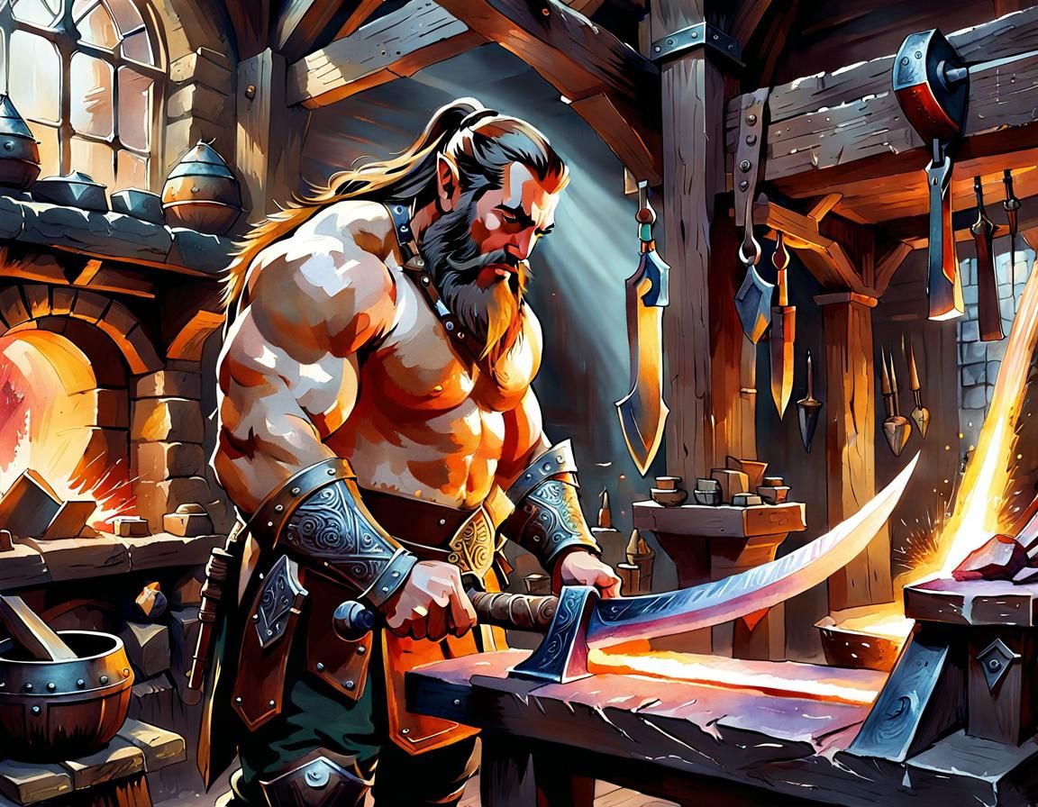 Dwarven Blacksmith Forging Axe Blade in Watercolor Style