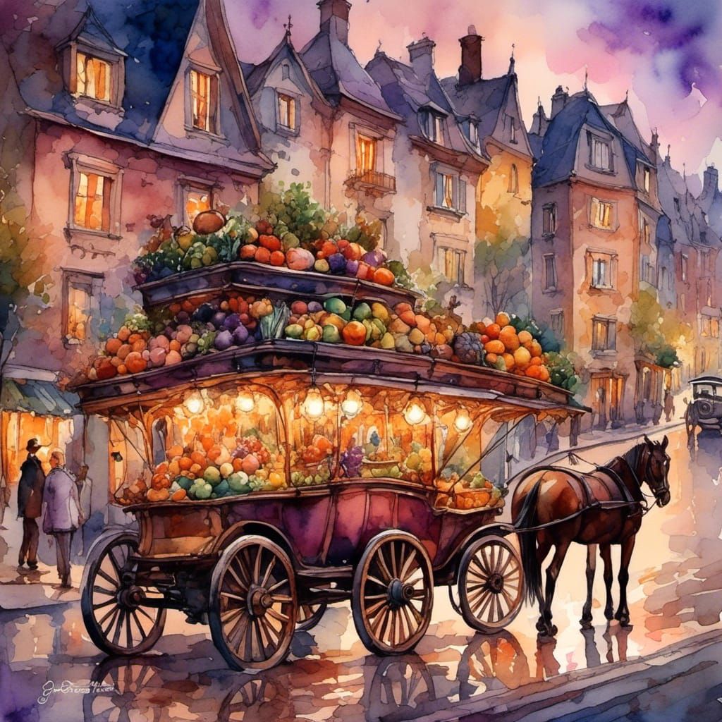 Charming French Town at Twilight, in Watercolor Style