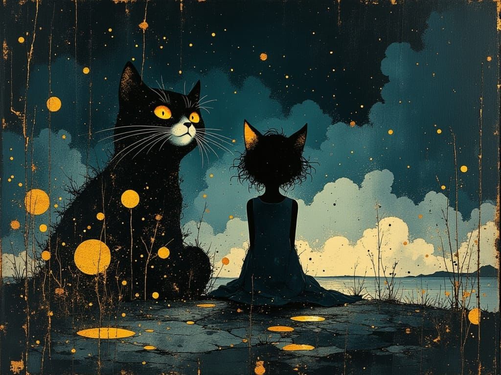 Whimsical Nightscape With Girl and Giant Cat