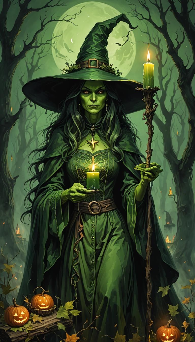 Green Witch with Candlelight