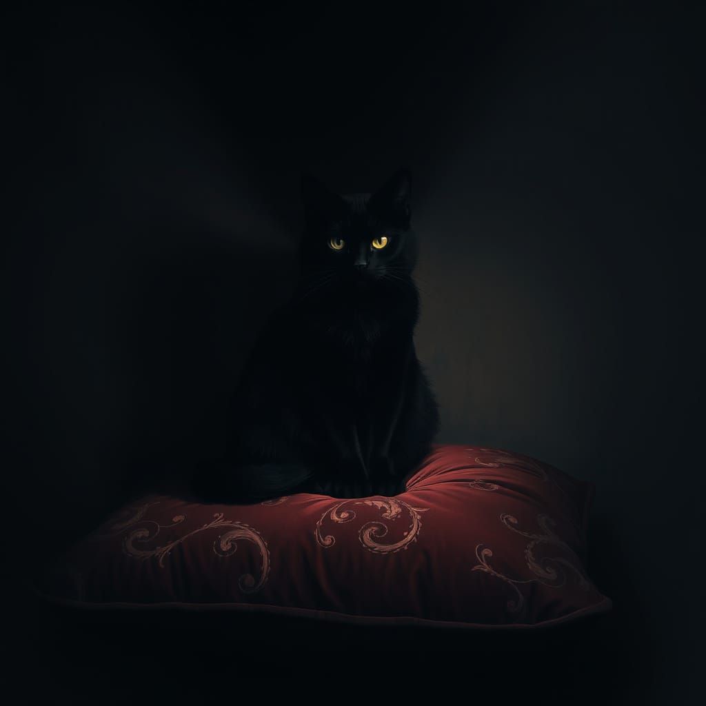 Mysterious Black Cat on Velvet in Dark Art Style