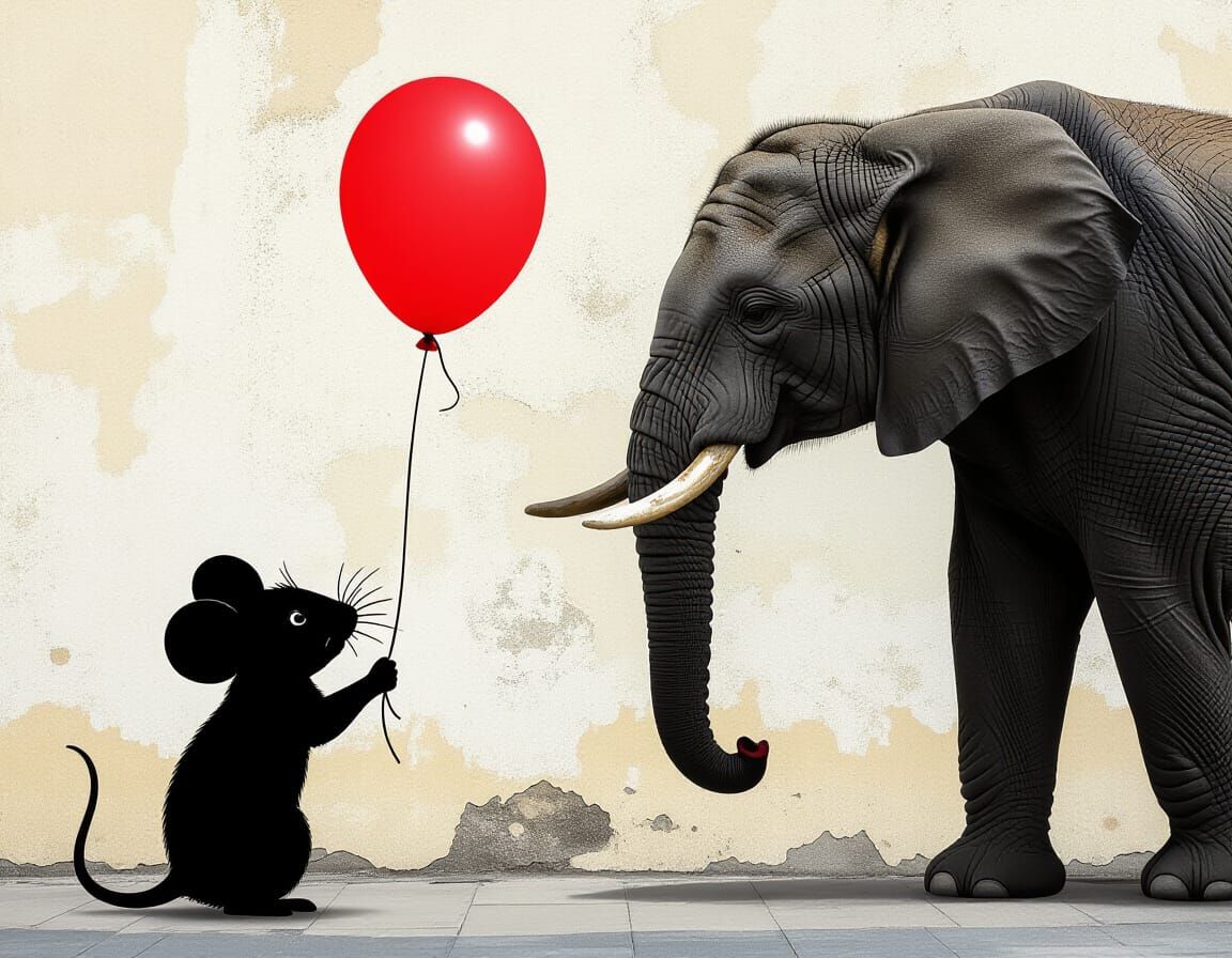 Whimsical Graffiti Mural: Mouse Offers Balloon to Elephant