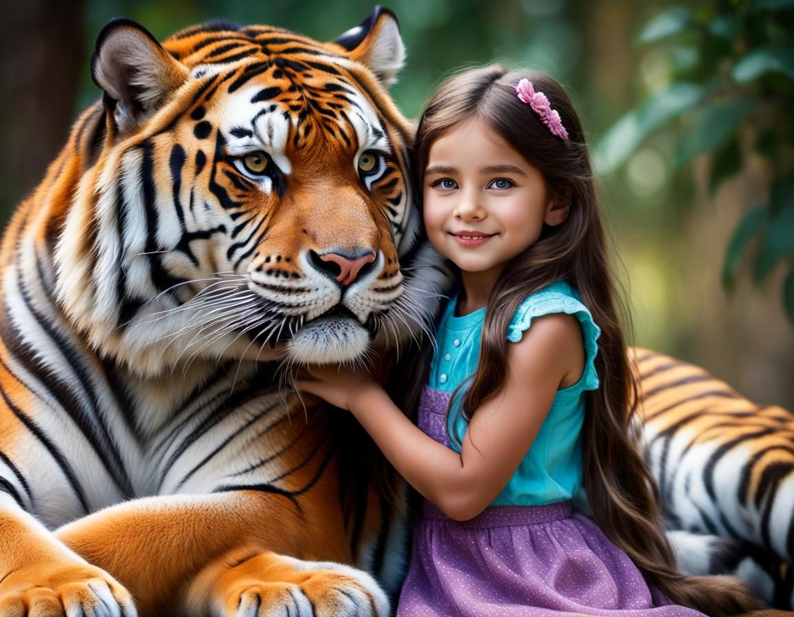 Girl Hugging Siberian Tiger in Cosmic Landscape