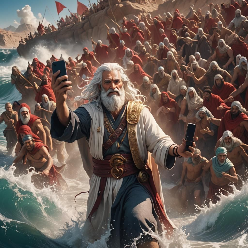 Moses Selfie Parting Red Sea: Fantasy Art