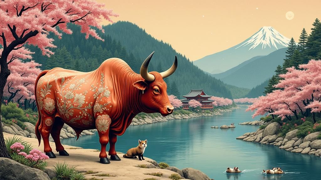 Japanese Landscape on Bull Skin, in Emakimono Style