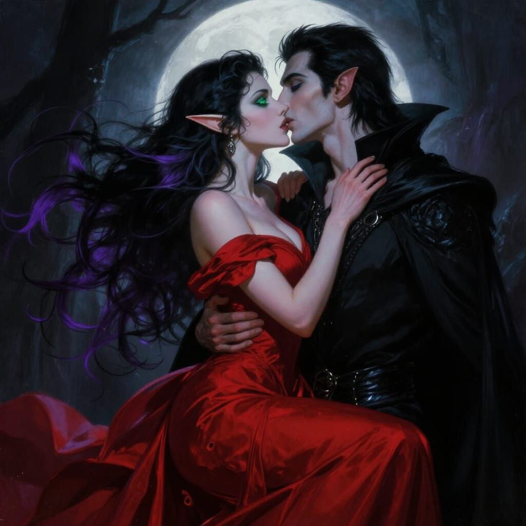 Passionate Elf and Vampire Kiss Under Ethereal Moonlight