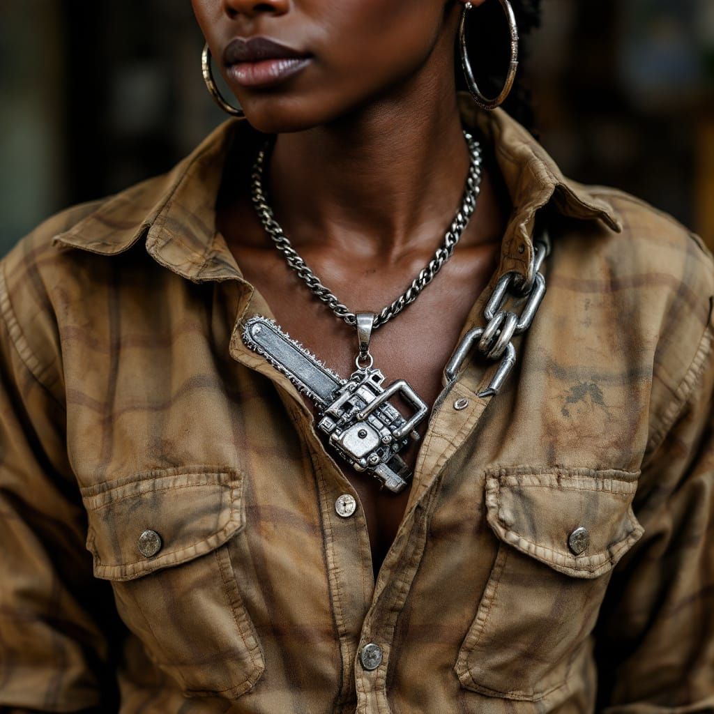 Woman's Chainsaw Necklace in Hyperrealistic Portrait