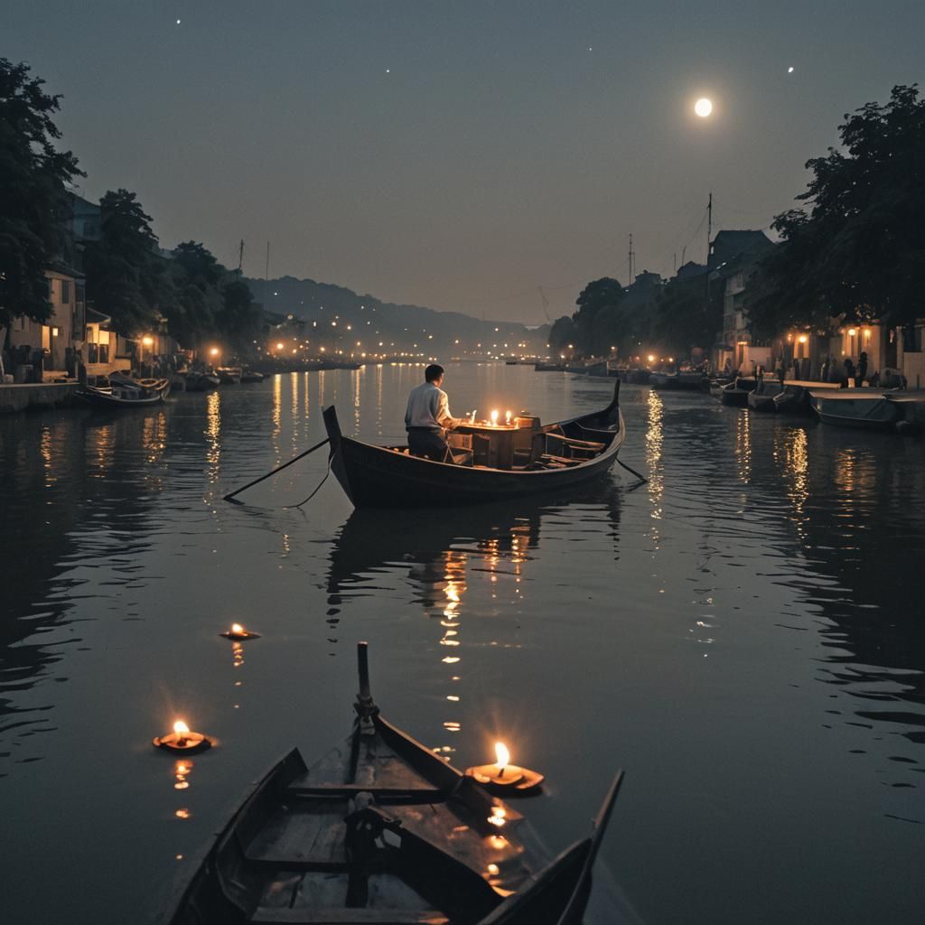 Hyperrealistic Silhouette of Man on Boat at Night
