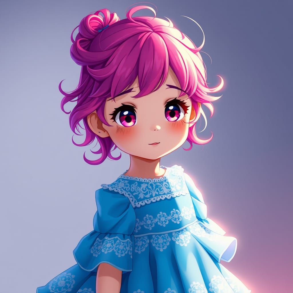 Anime Little Girl with Pink Hair and Blue Dress
