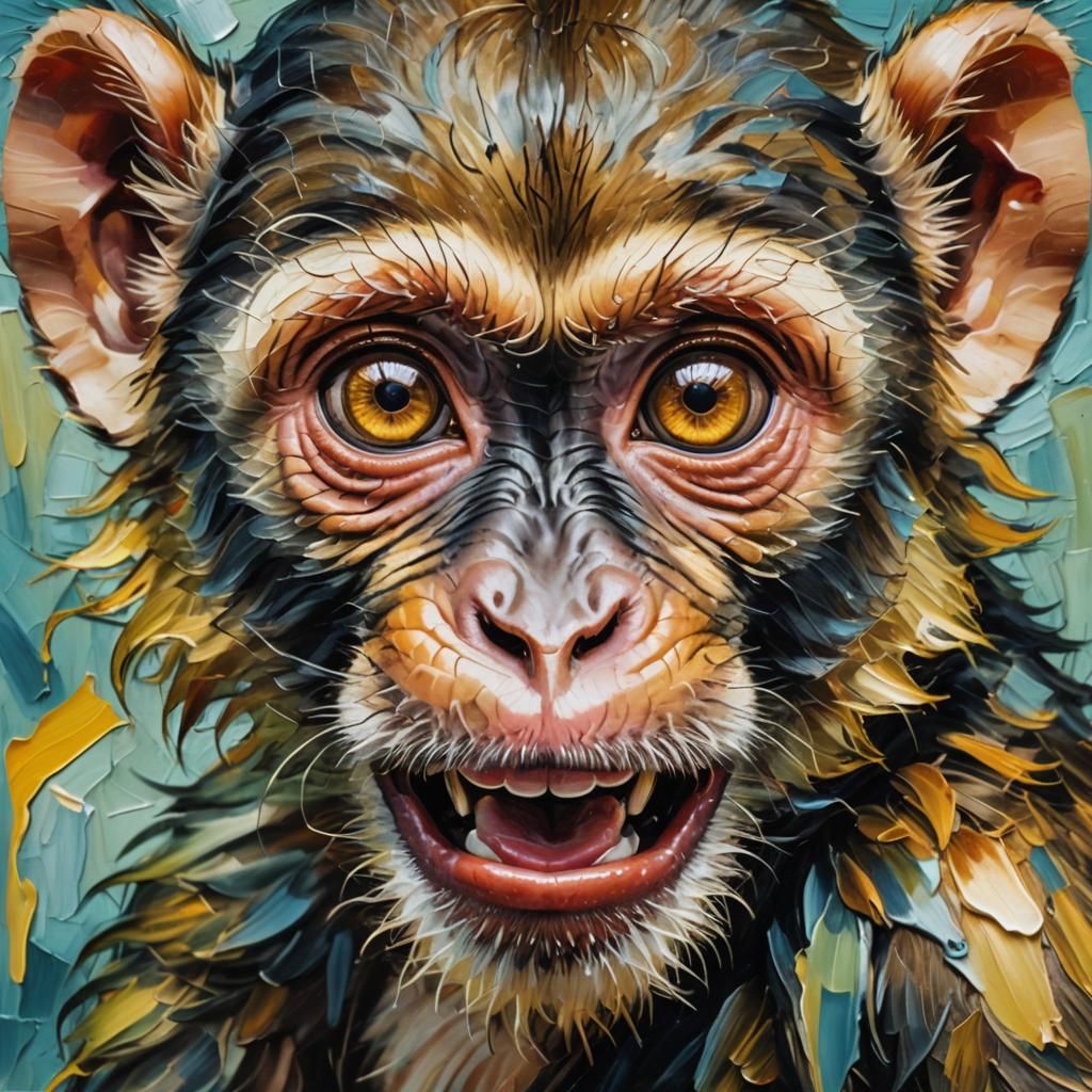Funny Baby Monkey Portrait in Fauvist Oil Paint