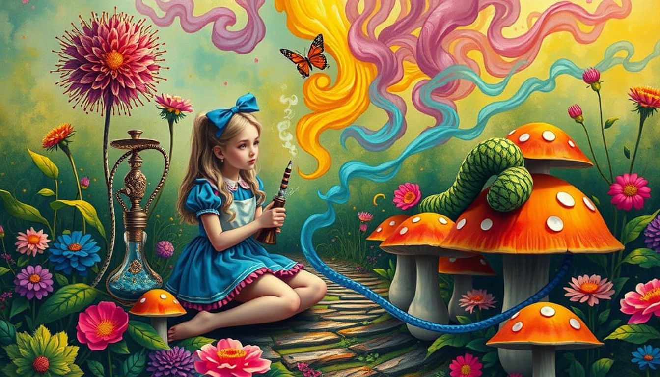 Whimsical Wonderland Scene with a Smoking Caterpillar