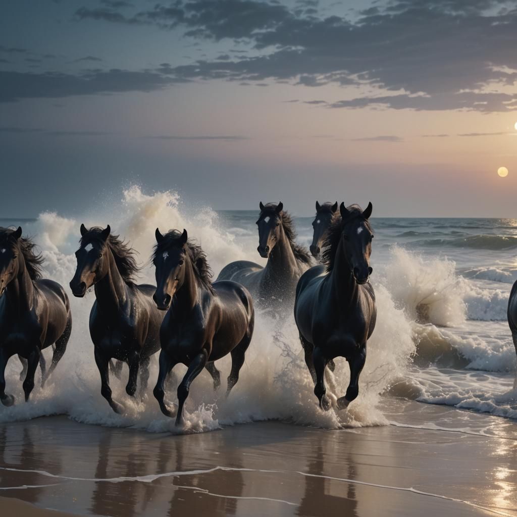 Wild Horses Gallop on Moonlit Beach: Hyperrealistic Coastal ...