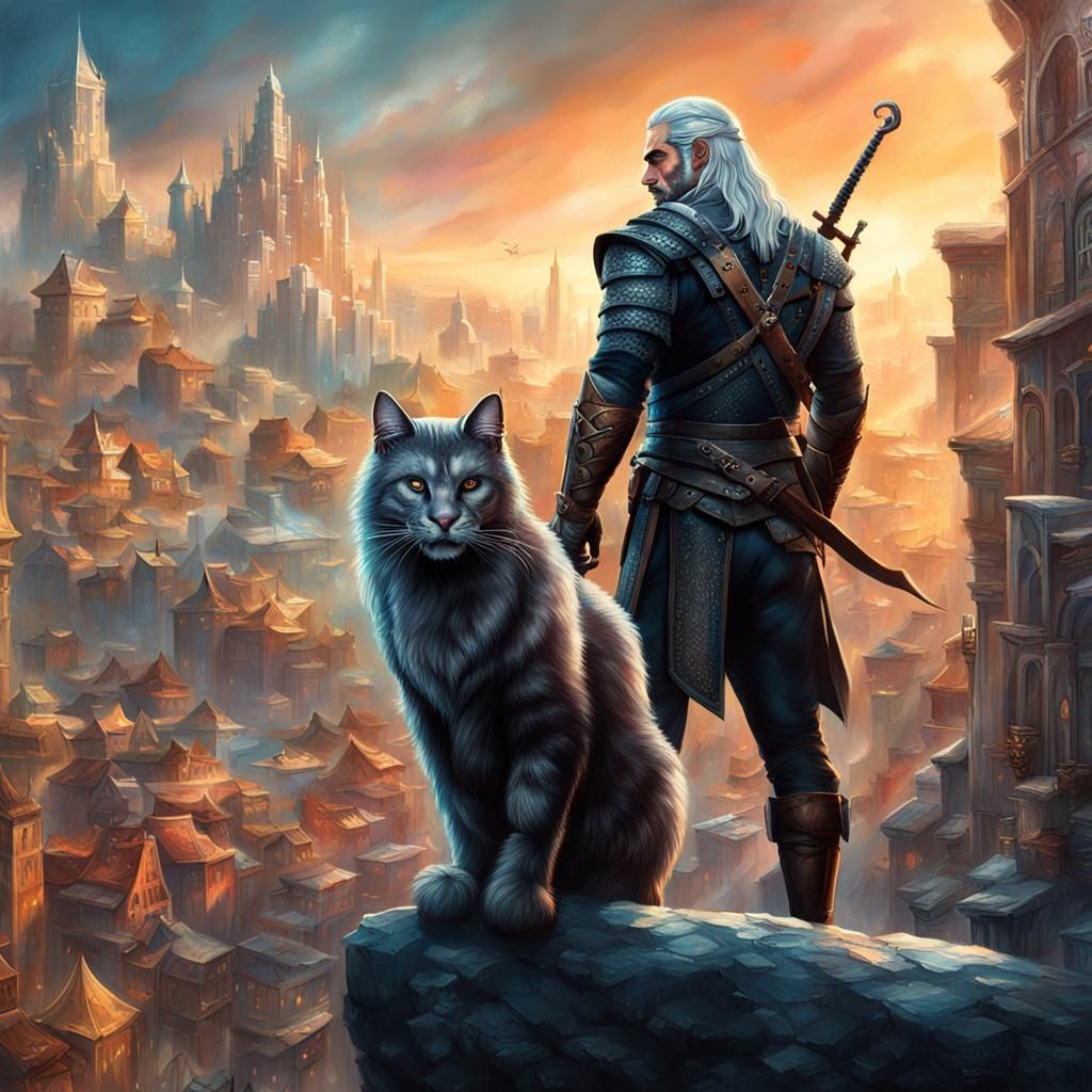Geralt of Rivia in Elven Cityscape, Hyperrealistic Art