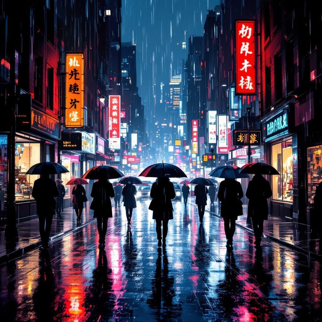Vibrant City Street in Heavy Rain