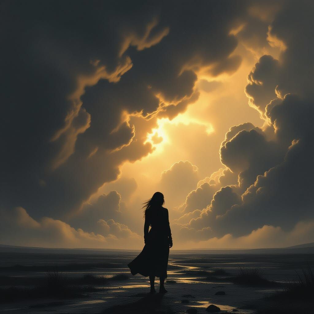 Dramatic Woman in Stormy Landscape with Golden Lighting