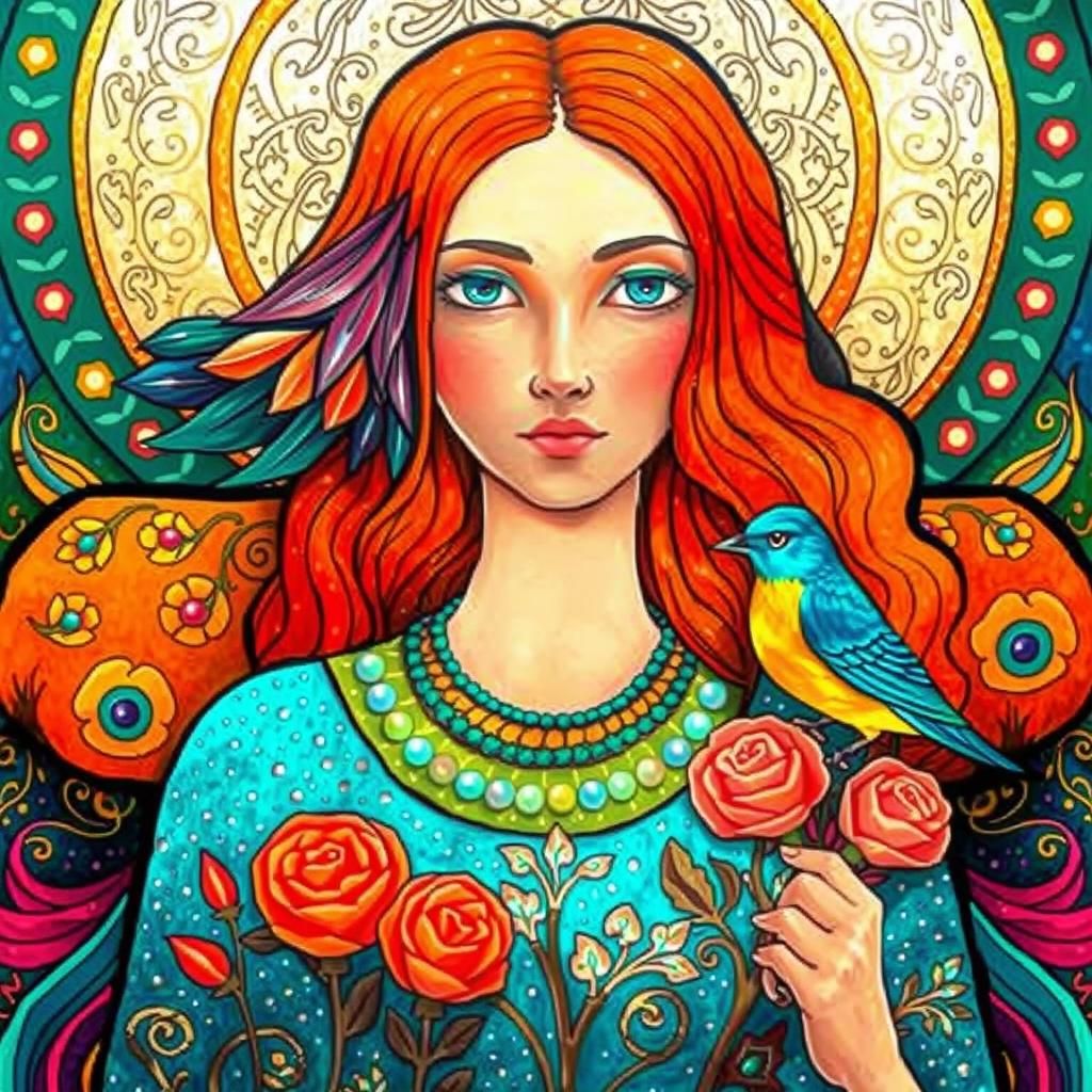 Fairytale Girl with Birds in Magic Realism