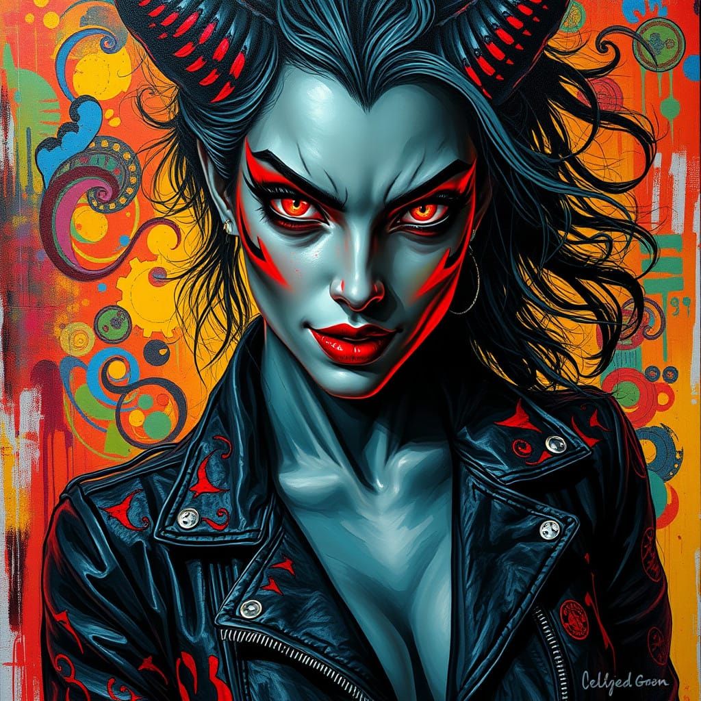 Sensual Demon Goddess in Vibrant Street Art Style
