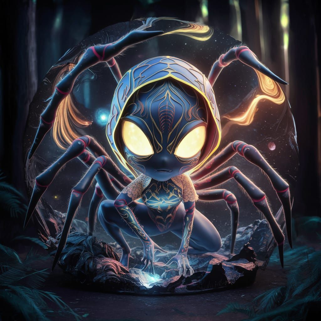 Chibi Anime Spider Fae in Holographic 3D Illustration