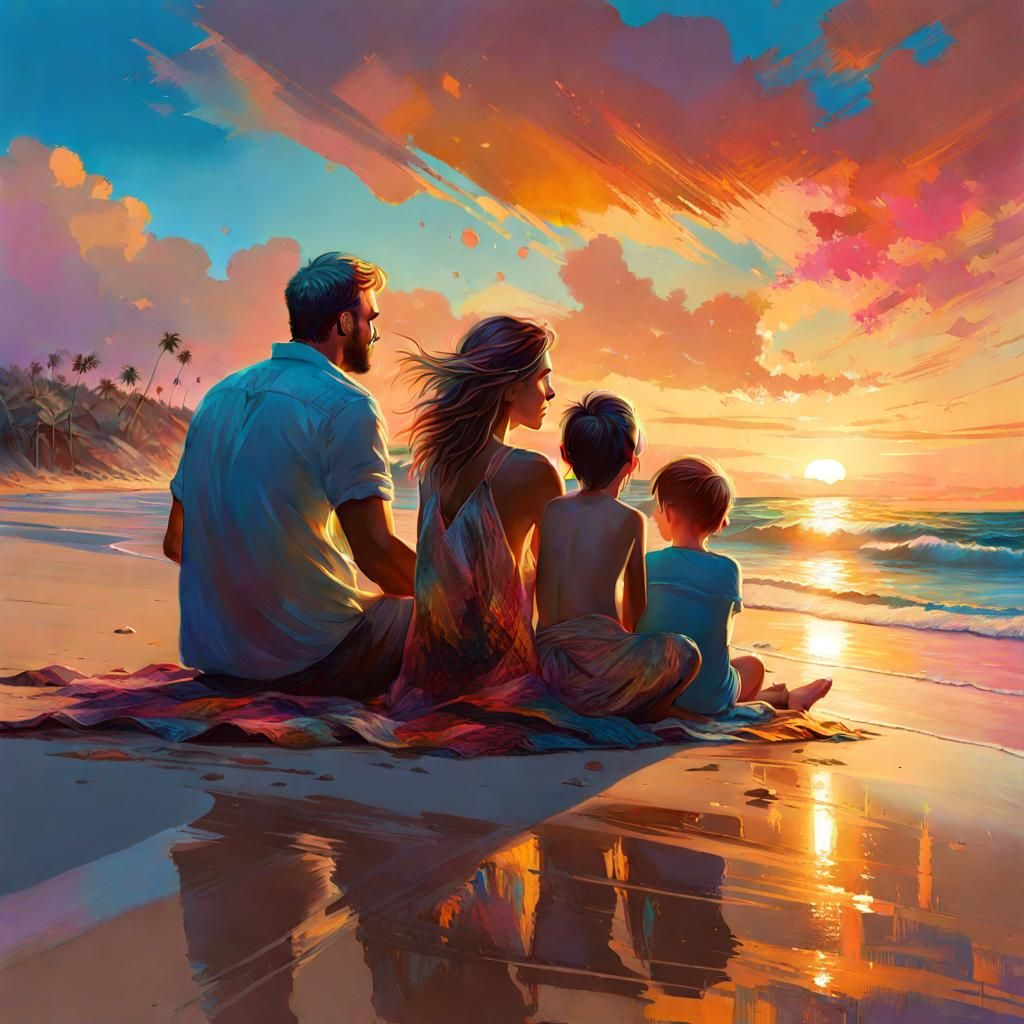Family on Beach at Sunset in Watercolor Style