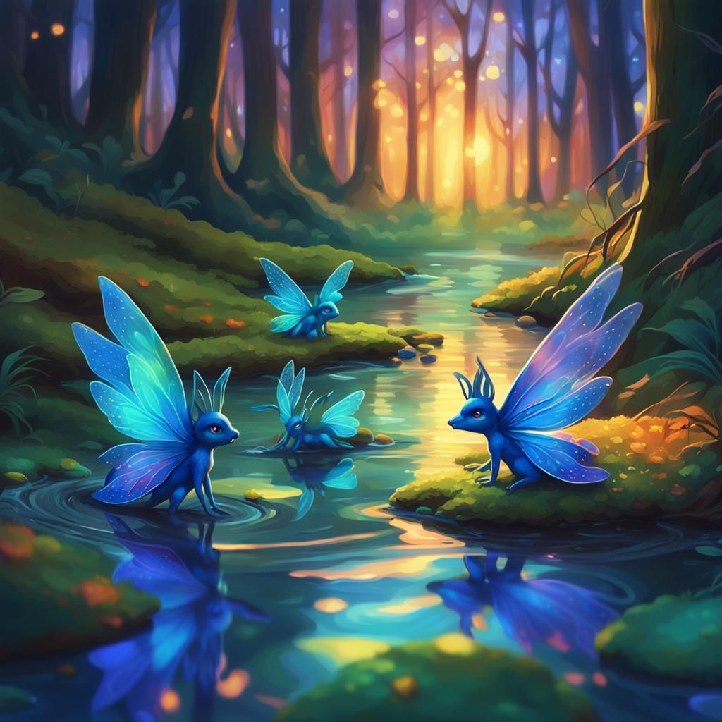 Fairies' Swimming Party in Glowing Forest Stream