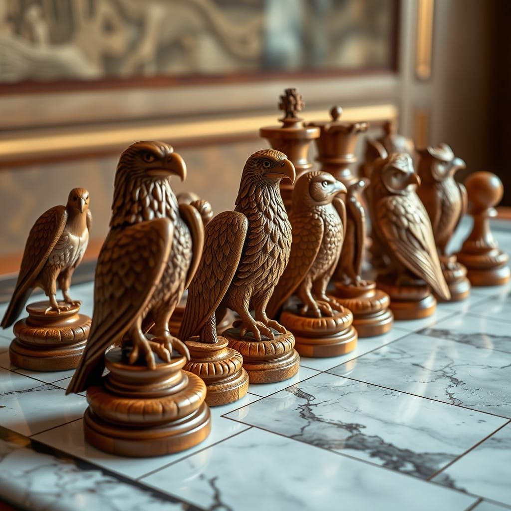 Luxurious Wooden Bird Chess Pieces on Marble Chessboard