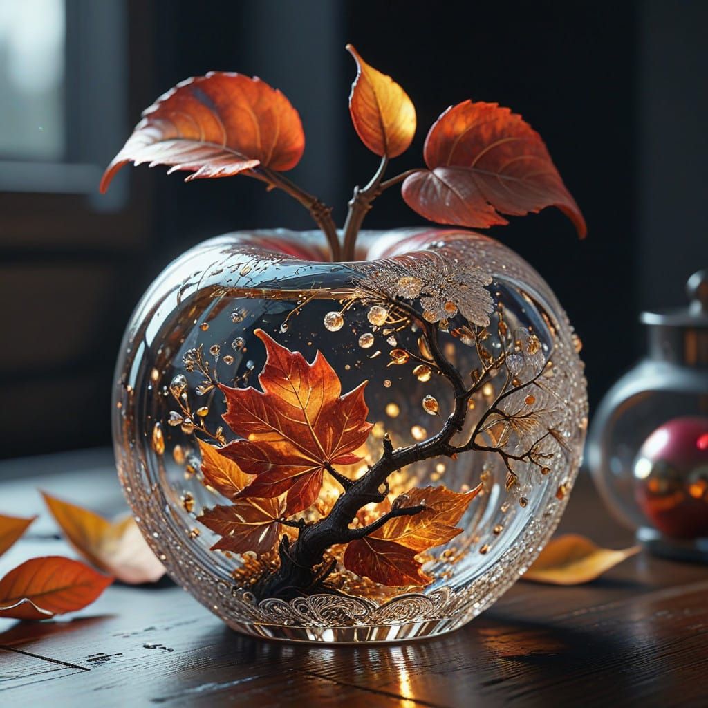 Crystal Glass Apple with Golden Stem and Leaves