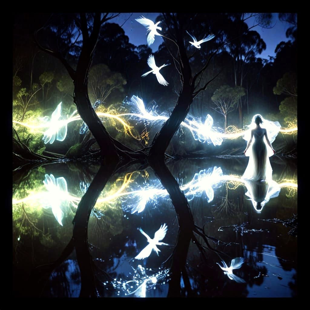 Ethereal Australian Forest Dreamscape with Flying Neon Sprit...