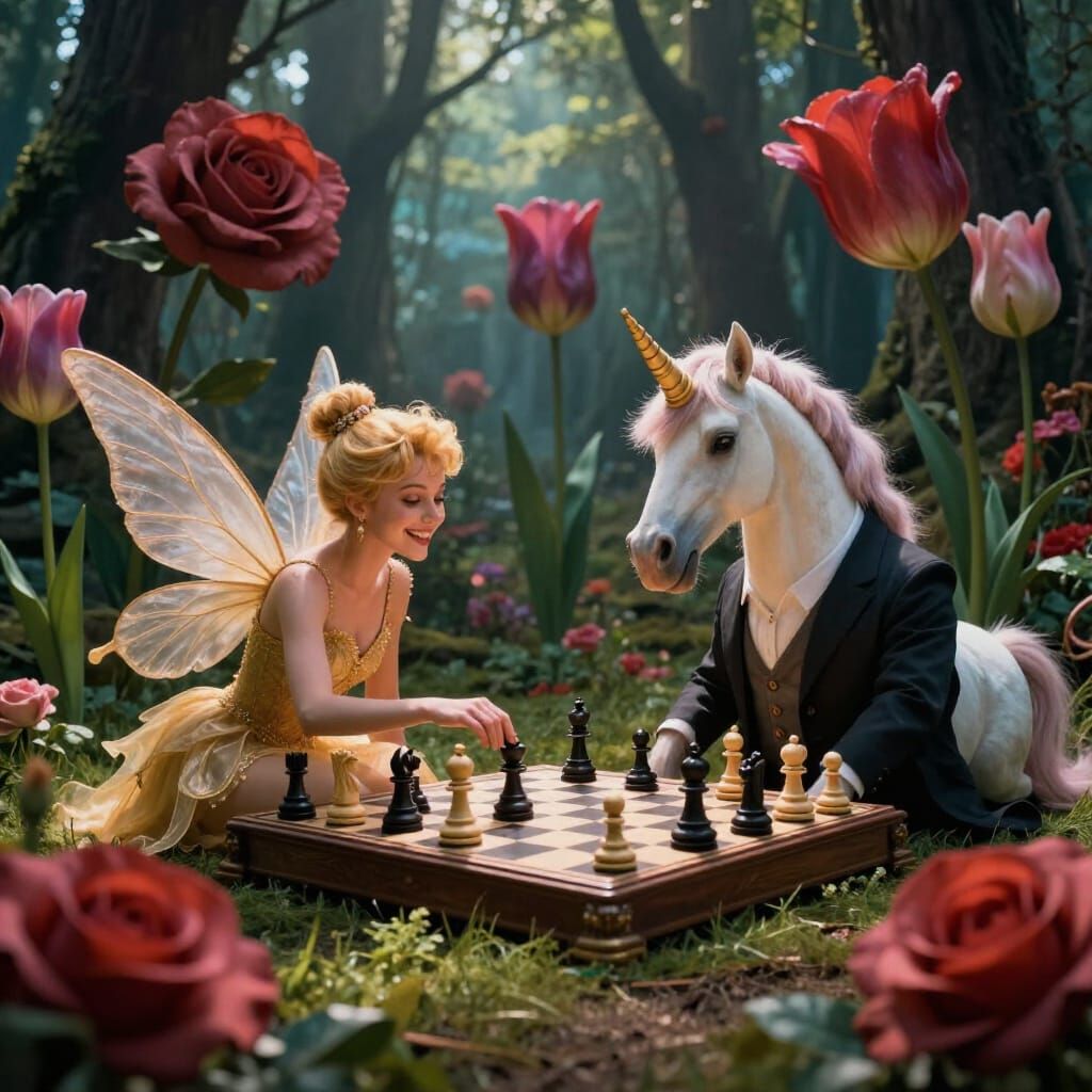 Fairy and Unicorn Play Chess in Enchanted Forest