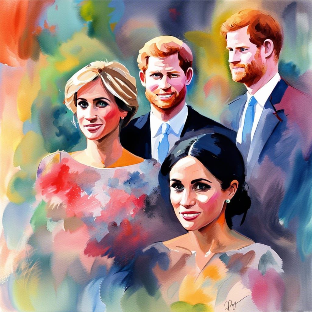 Prince Harry, Meghan Markle, and Princess Diana: Gouache Pai...