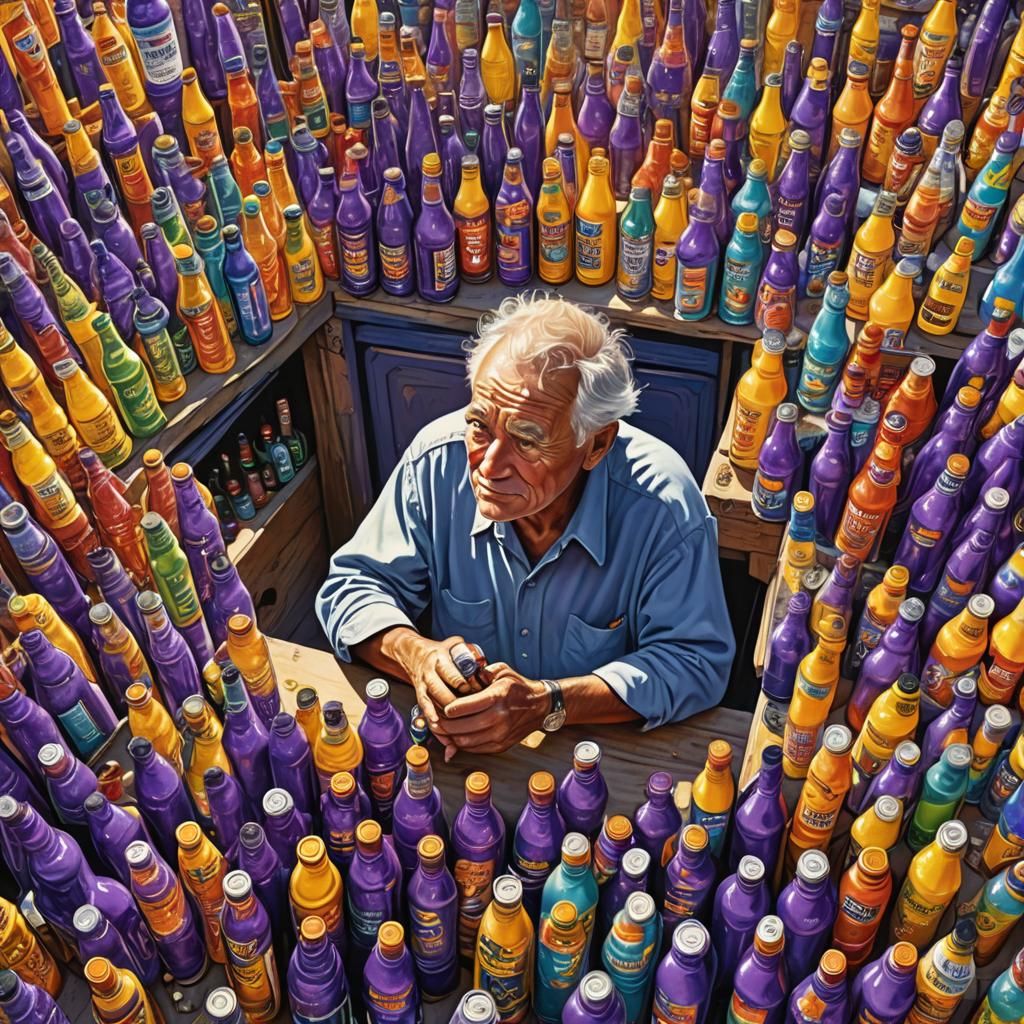 Hyperrealistic Old Man Selling Whale's Energy Drink